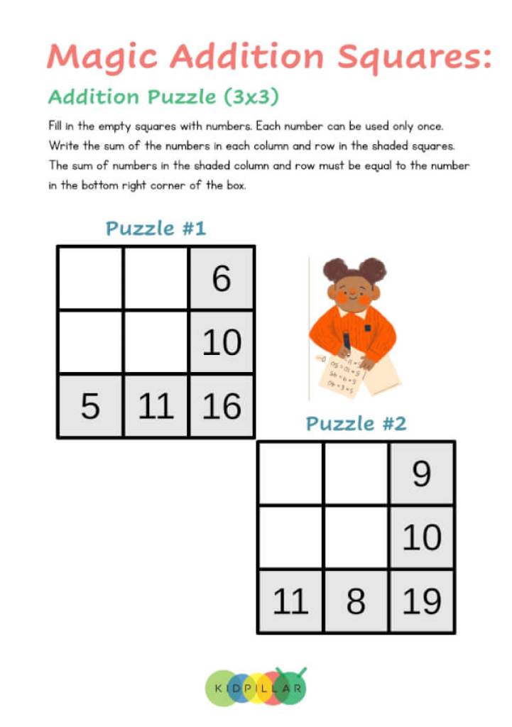 Addition square math puzzles