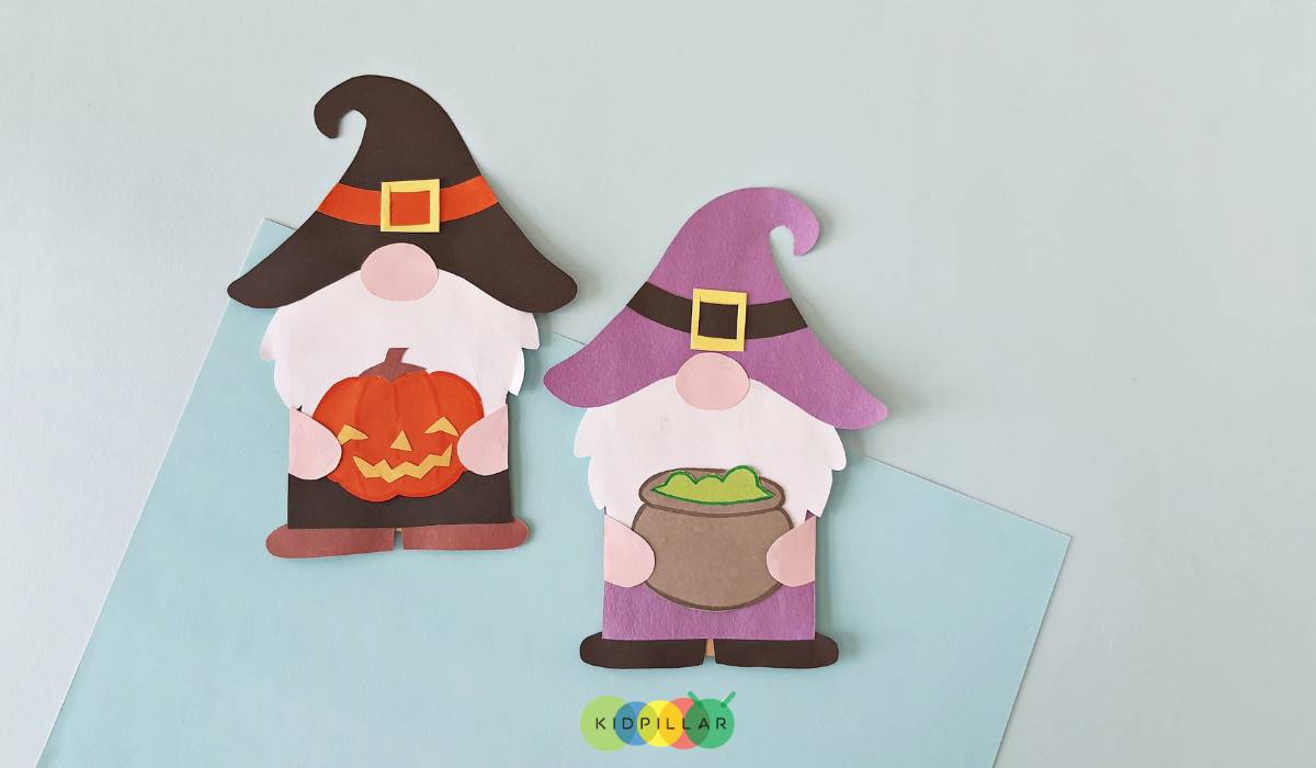 Paste jack-o-lantern for halloween gnome paper puppet craft