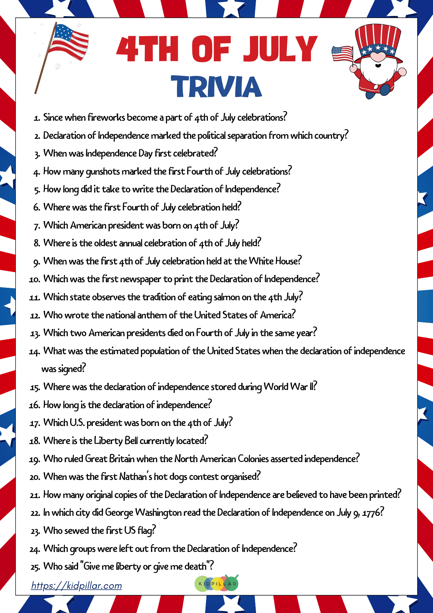 4th of July Trivia Printable