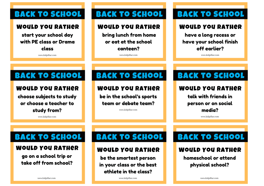 Back to school Would You Rather cards