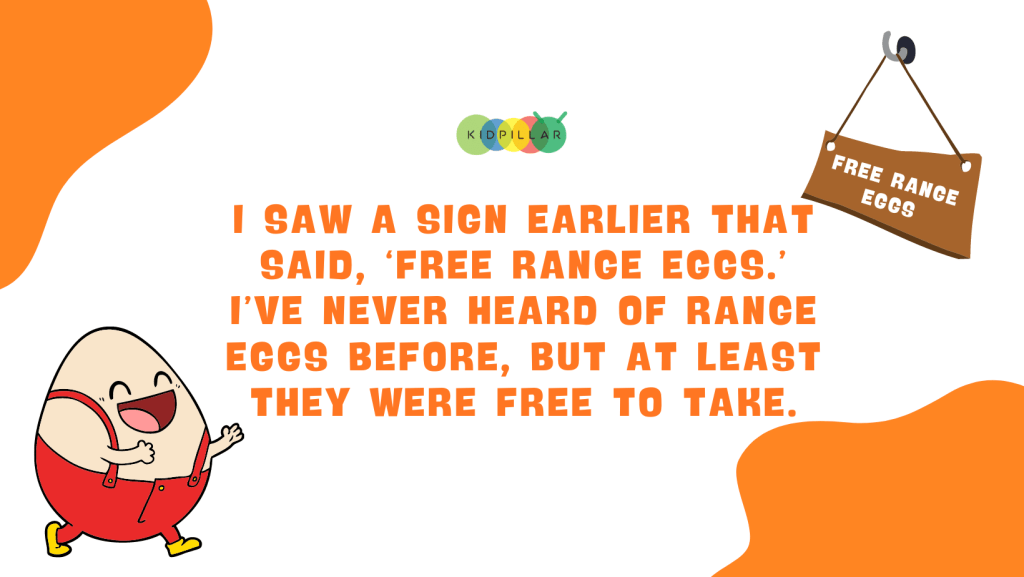 egg puns -  I saw a sign earlier that said, ‘Free Range Eggs.’  I’ve never heard of Range Eggs before, but at least they were free to take.