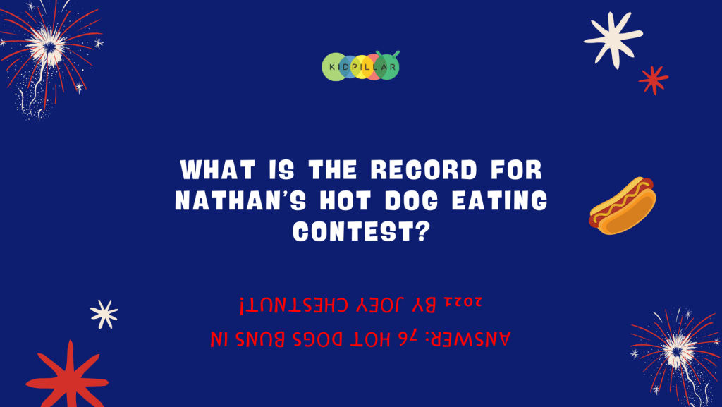 Funny 4th July trivia with answer - What is the record for Nathan’s hot dog eating contest? Answer: 76 hot dogs buns in 2021 by Joey Chestnut!